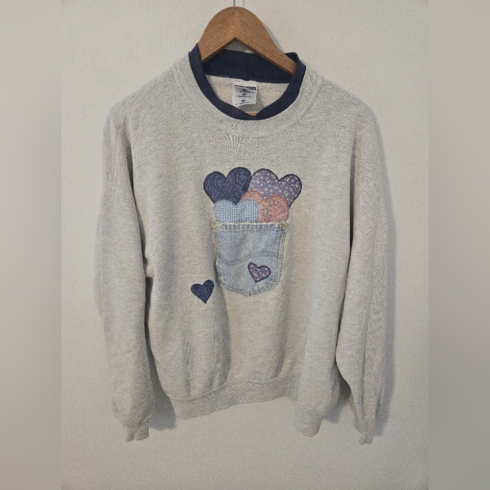 Vintage Jerzees Denim Pocket Heart Sweatshirt Womens XL 90s Double Collar